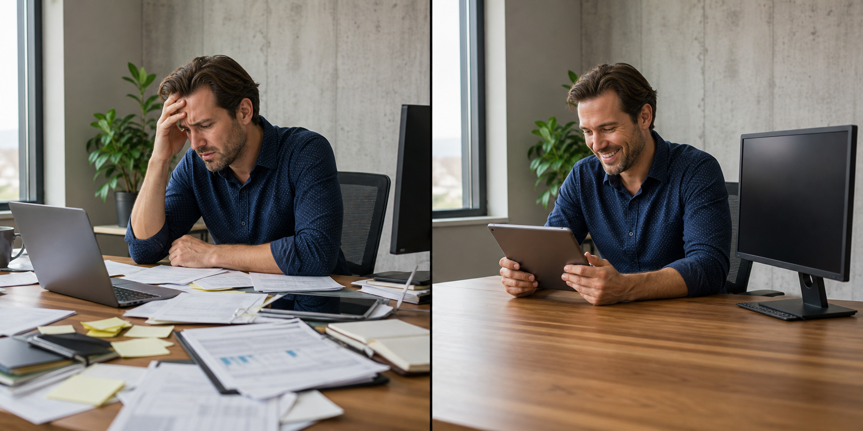 The same office professional before and after improving a cluttered, frustrating workflow with AI
