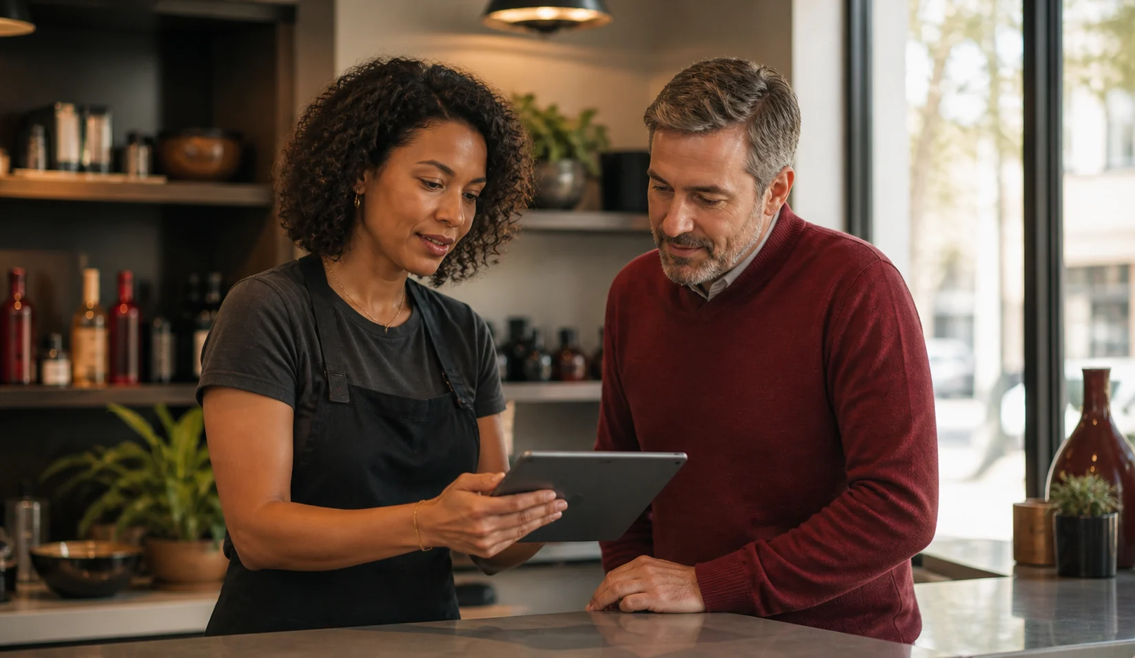 A small business owner reviewing an invoice and payment details with a customer.