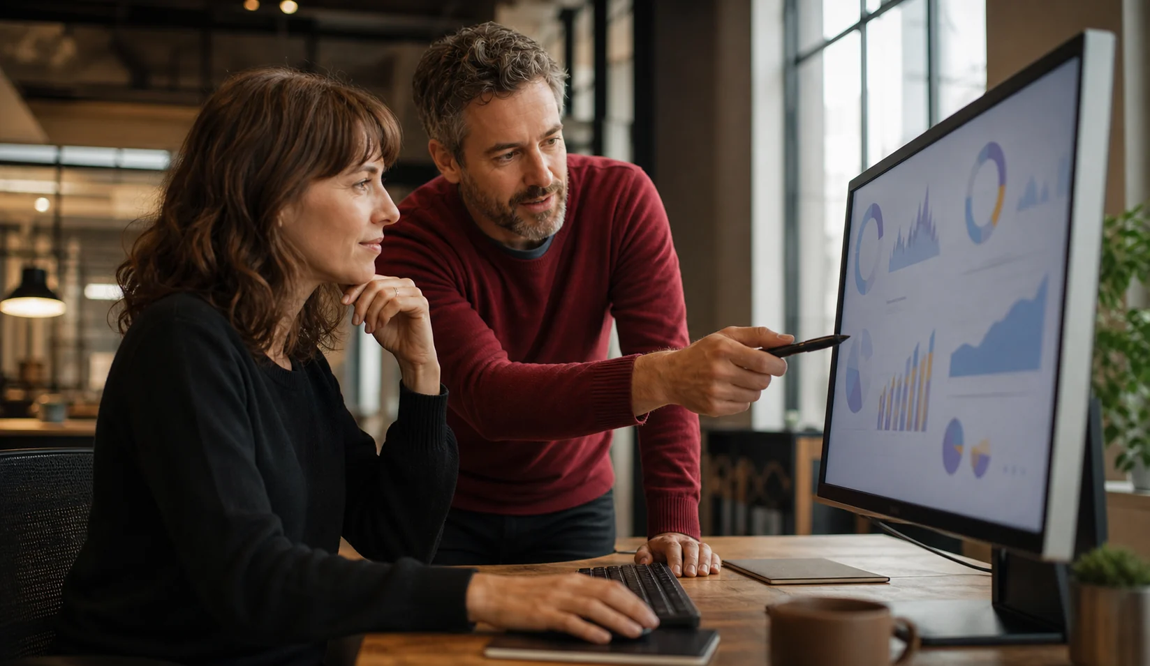 A small business owner and manager reviewing daily business performance together.