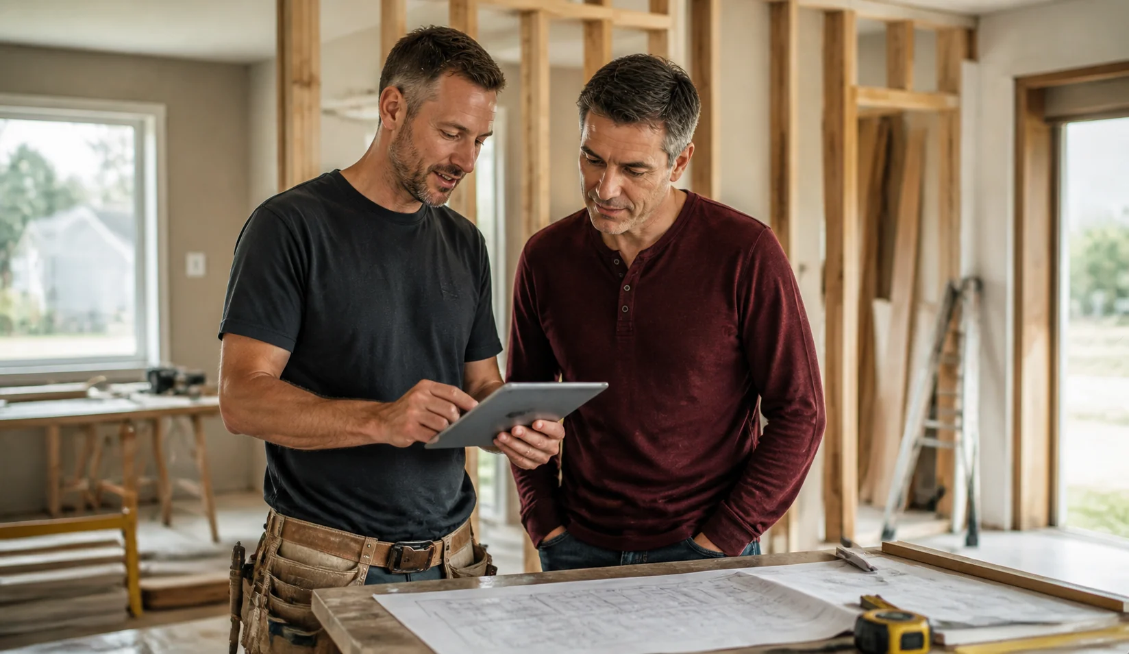 A contractor and customer reviewing a clear estimate together on a tablet.