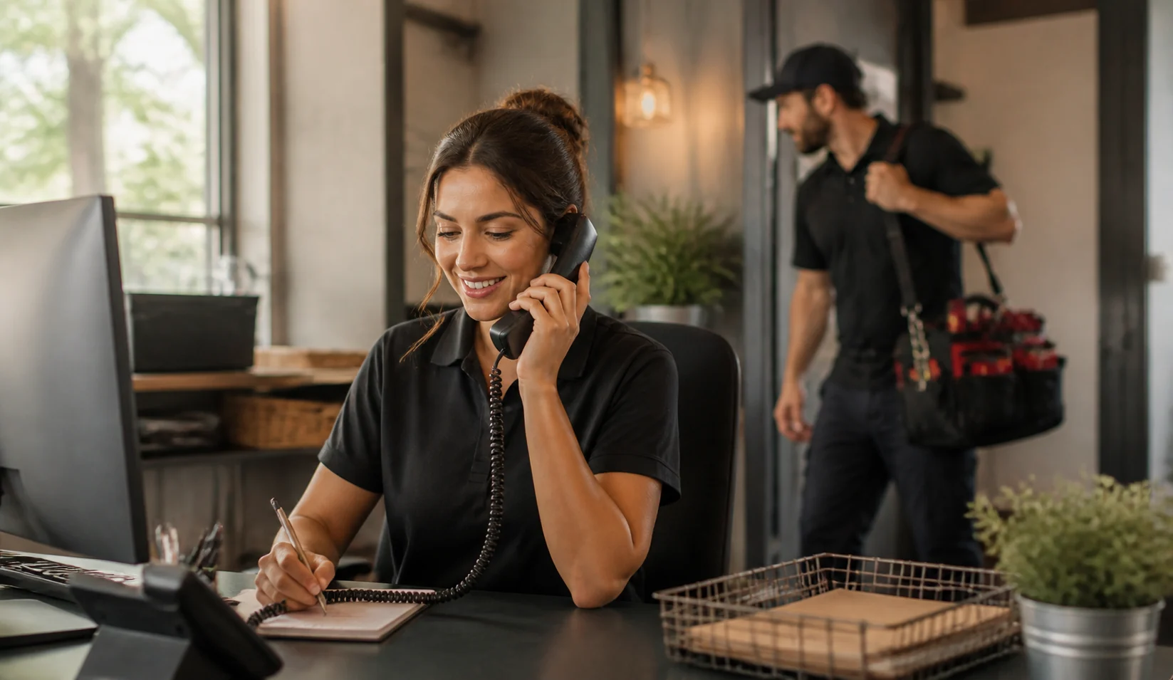 A small business office professional responding to a new customer while a field technician works in the background.