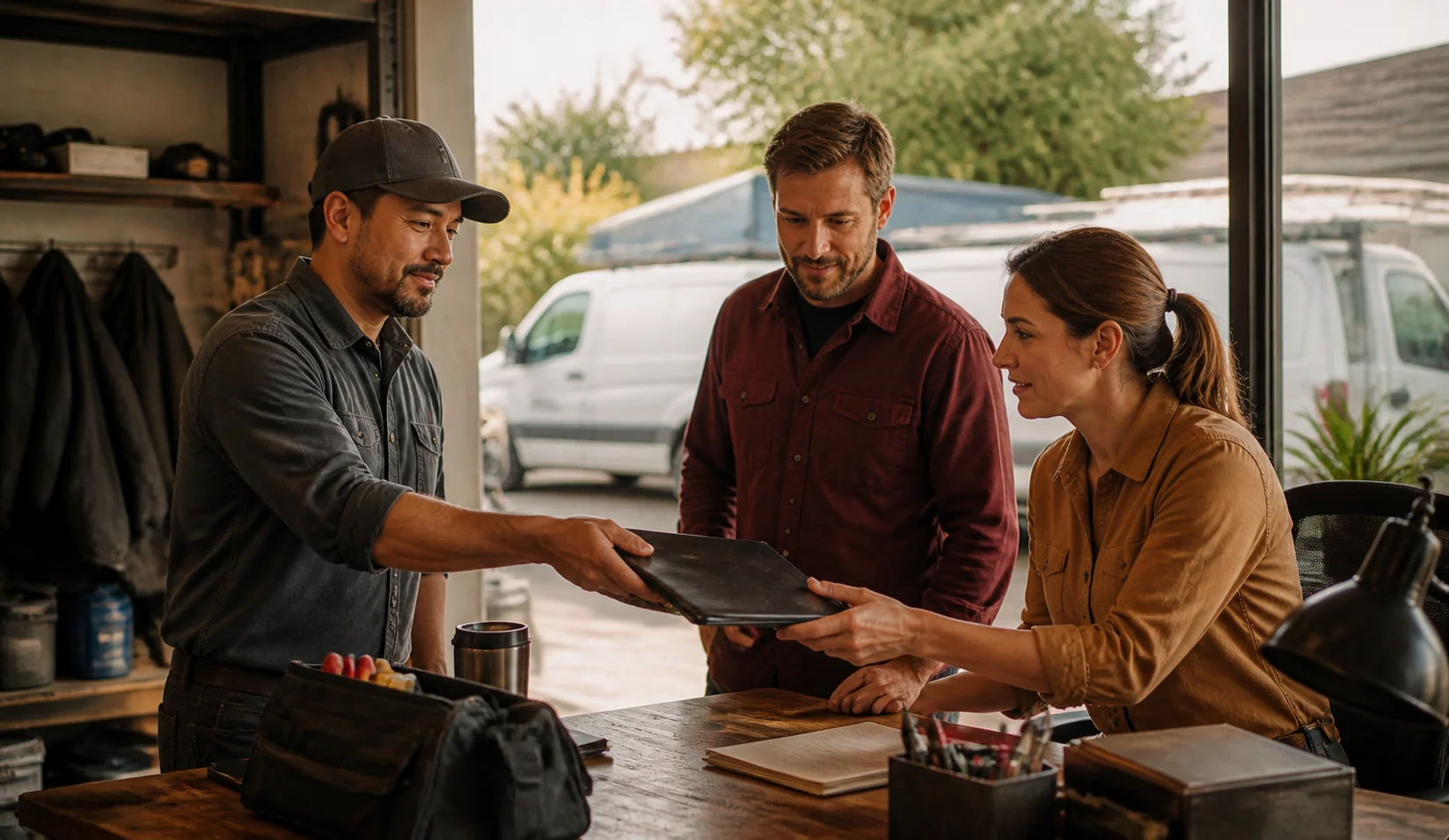 An office coordinator and field-service team aligning on the next stage of a customer job.