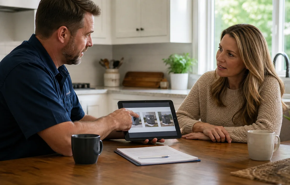 A homeowner reviewing approved service options with a home-service professional.