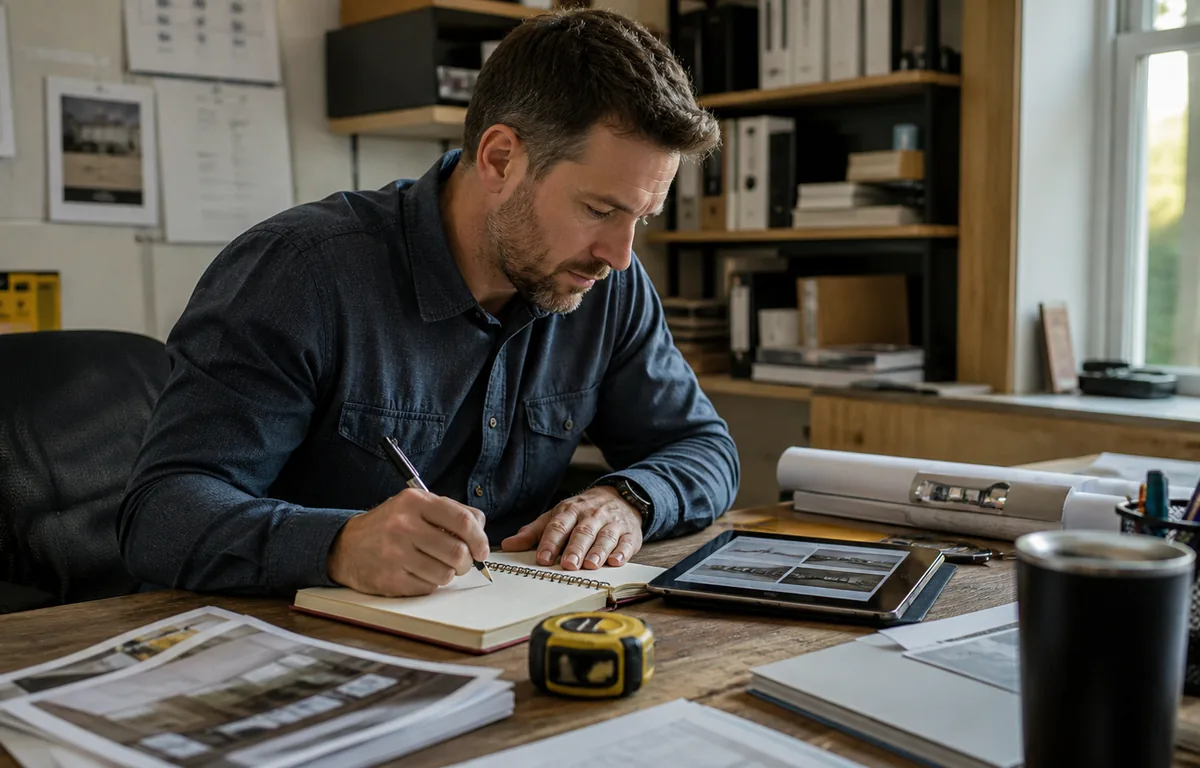 A home-service estimator reviewing an organized jobsite preparation packet.
