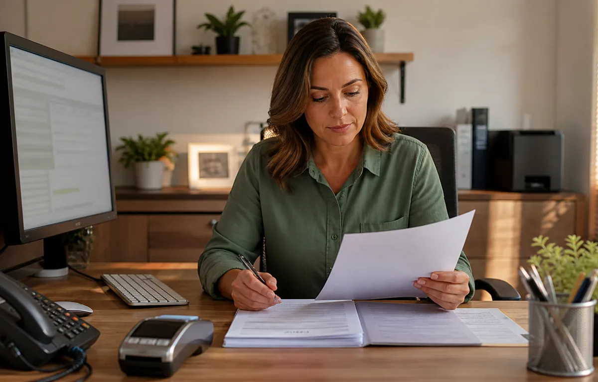 A home-service office reviewing invoices and customer payment status.