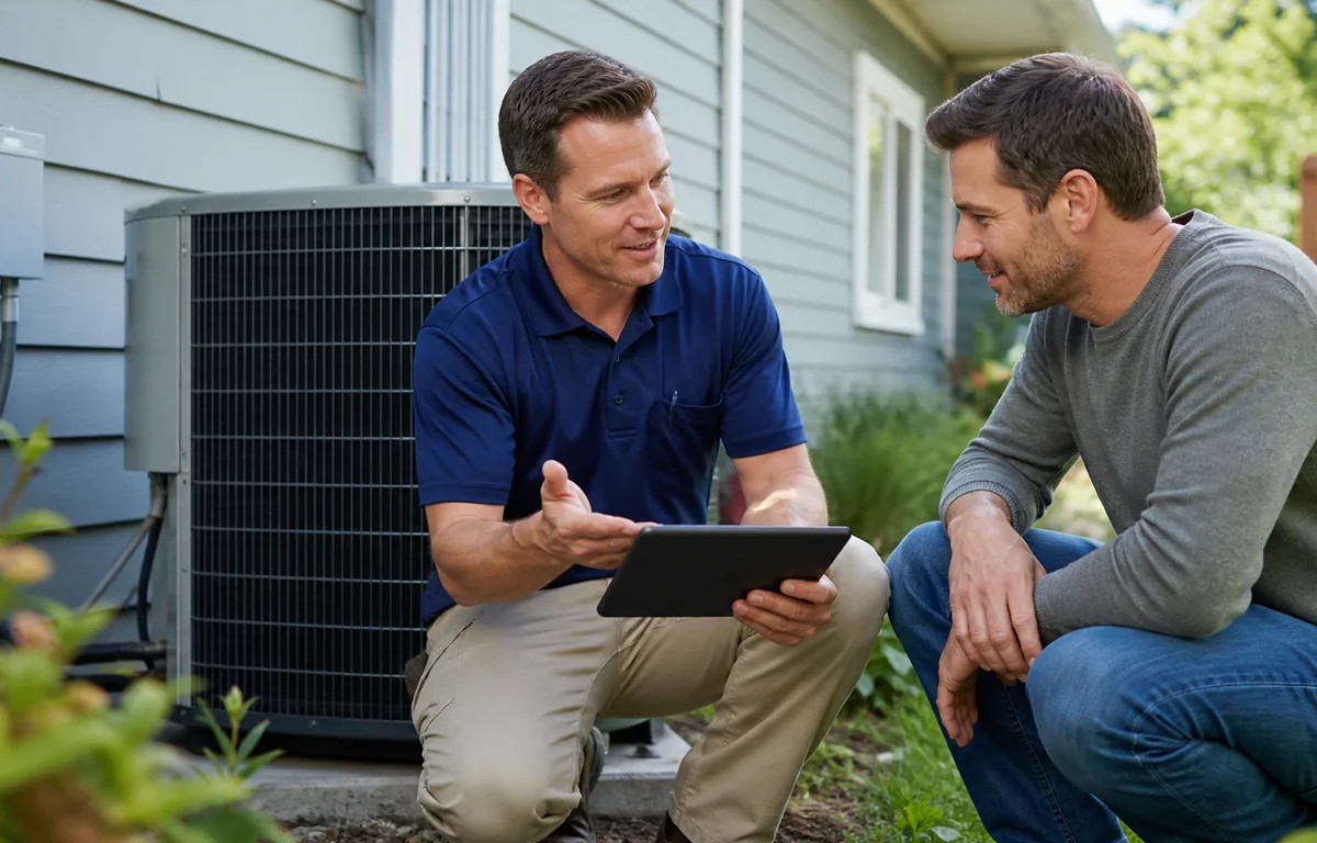 A home-service professional explaining an approved maintenance membership.