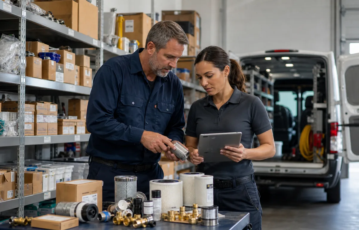 A home-service warehouse coordinator checking job parts and materials.