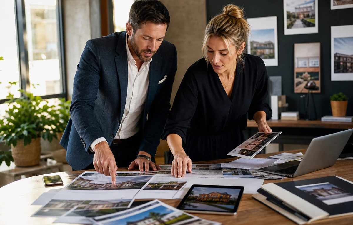 Real-estate professionals working with listing marketing tools.