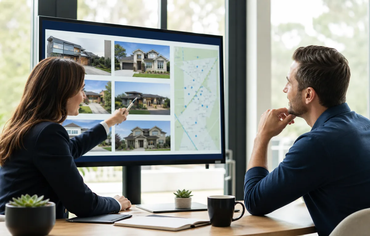 A real-estate professional reviewing property options with buyers.