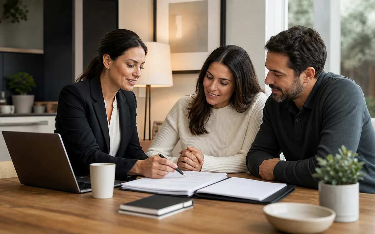 A real-estate professional reviewing transaction milestones with clients.