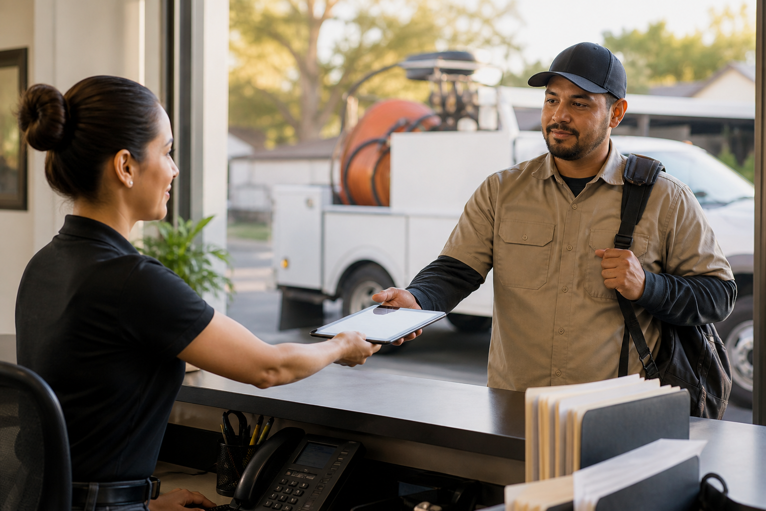 Austin office coordinator and field technician completing an AI-supported workflow handoff