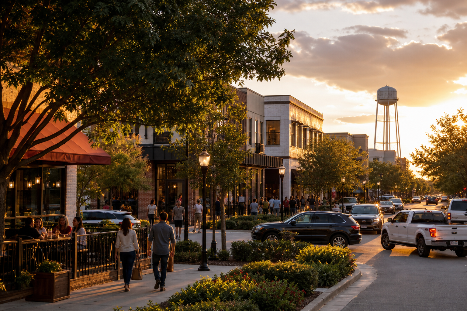 Active Pearland business district in warm evening light