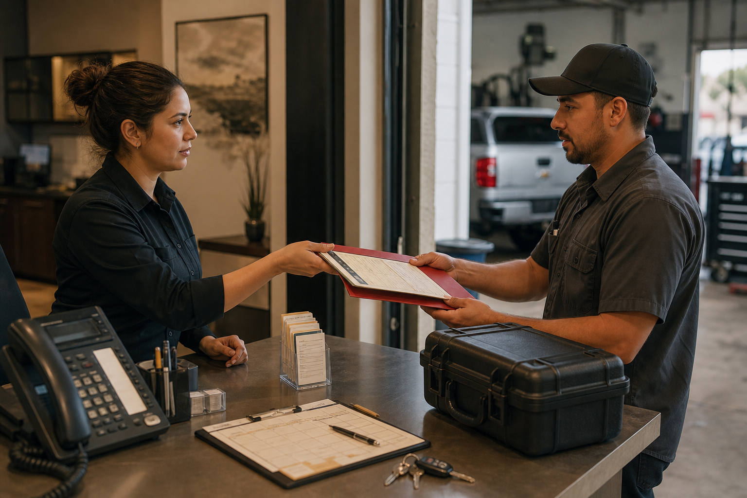 Dispatcher handing a prepared service workflow to a field technician