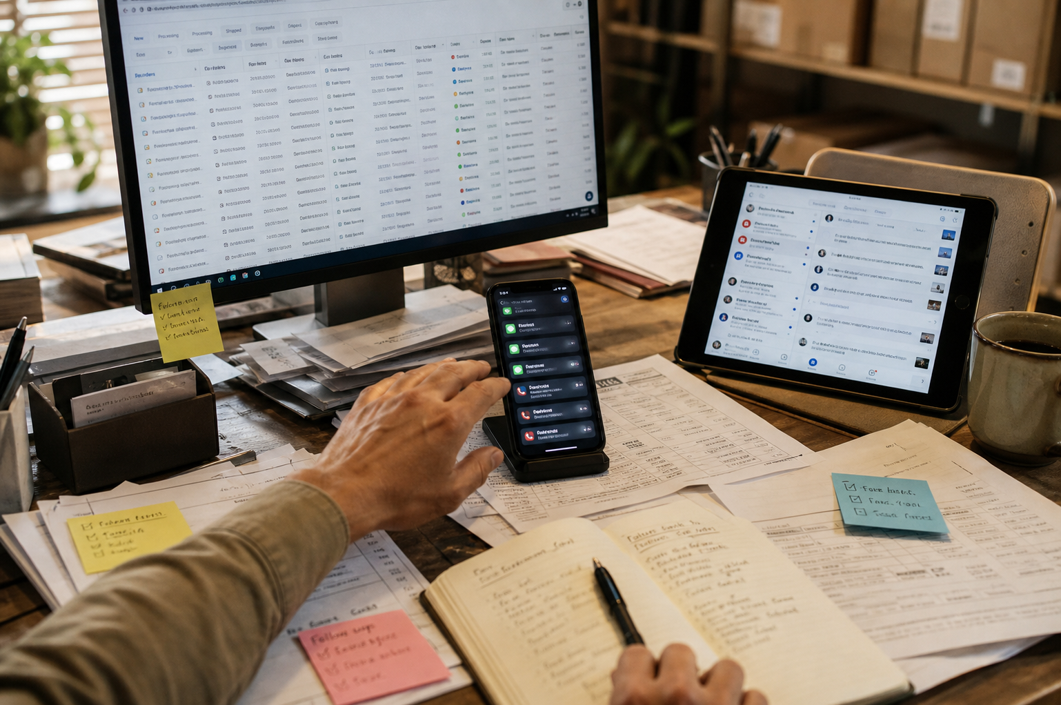 A busy Kyle business desk receiving customer demand through online orders, text messages, social media, and paper requests